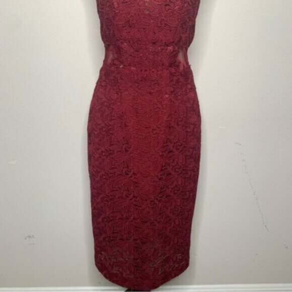 ML Monique Lhuillier Red aromatic Burgundy Illusion Cocktail Dress - Picture 10 of 16